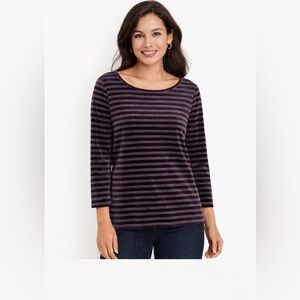 Talbots Petite Small Velvet Striped Ballet Neck Top Plum Purple Gray 3/4 Sleeve
